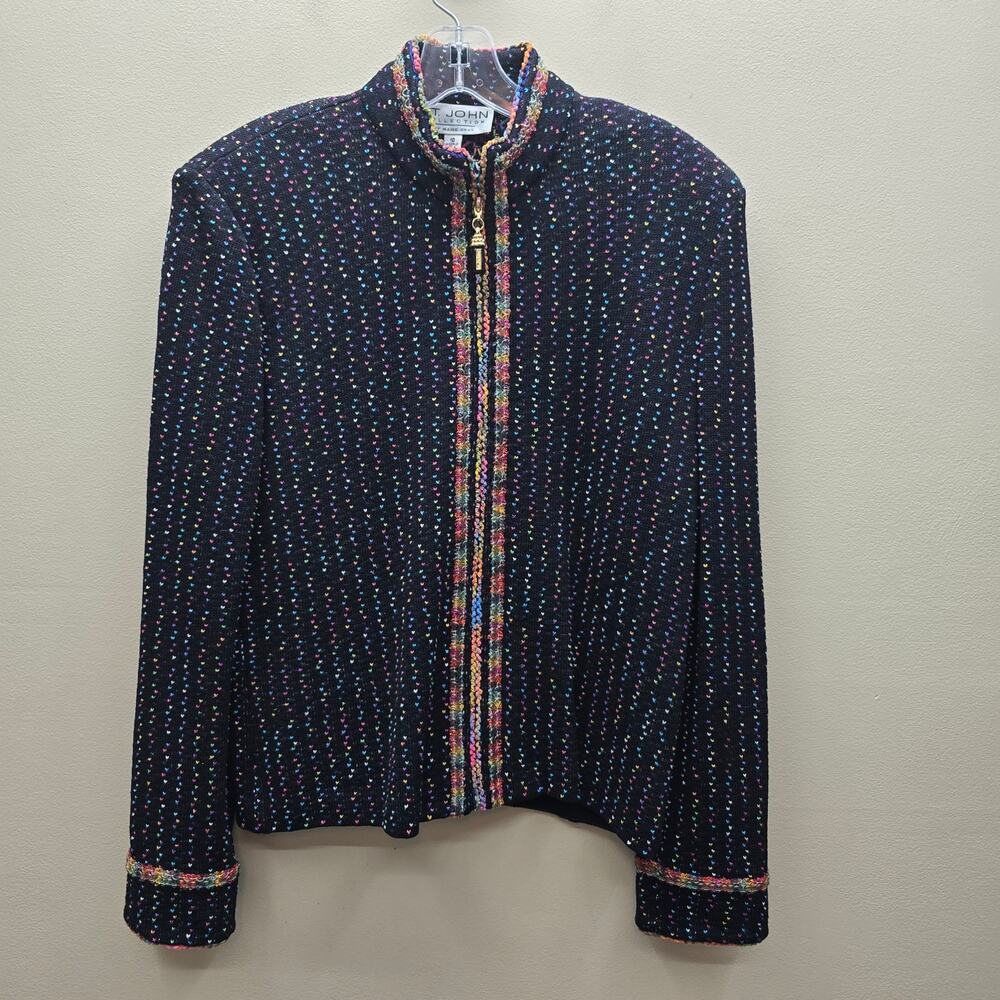 St. John Collection Jacket 10 Zip Front Knit Embroidered Hearts Multicolor Work
